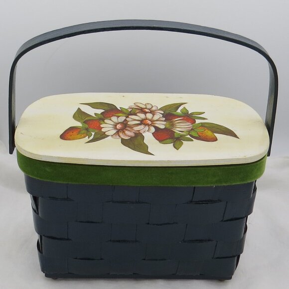 Vintage Handbags - Vintage Lidded Woven Basket Purse Lined Footed Strawberry Decoupage